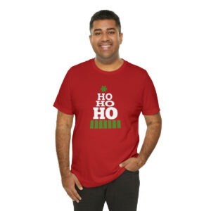 Ho, Ho, Ho, written in graduating letter sizes and shaped like an evergreen Christmas tree on Bella Canvas Unisex Tee